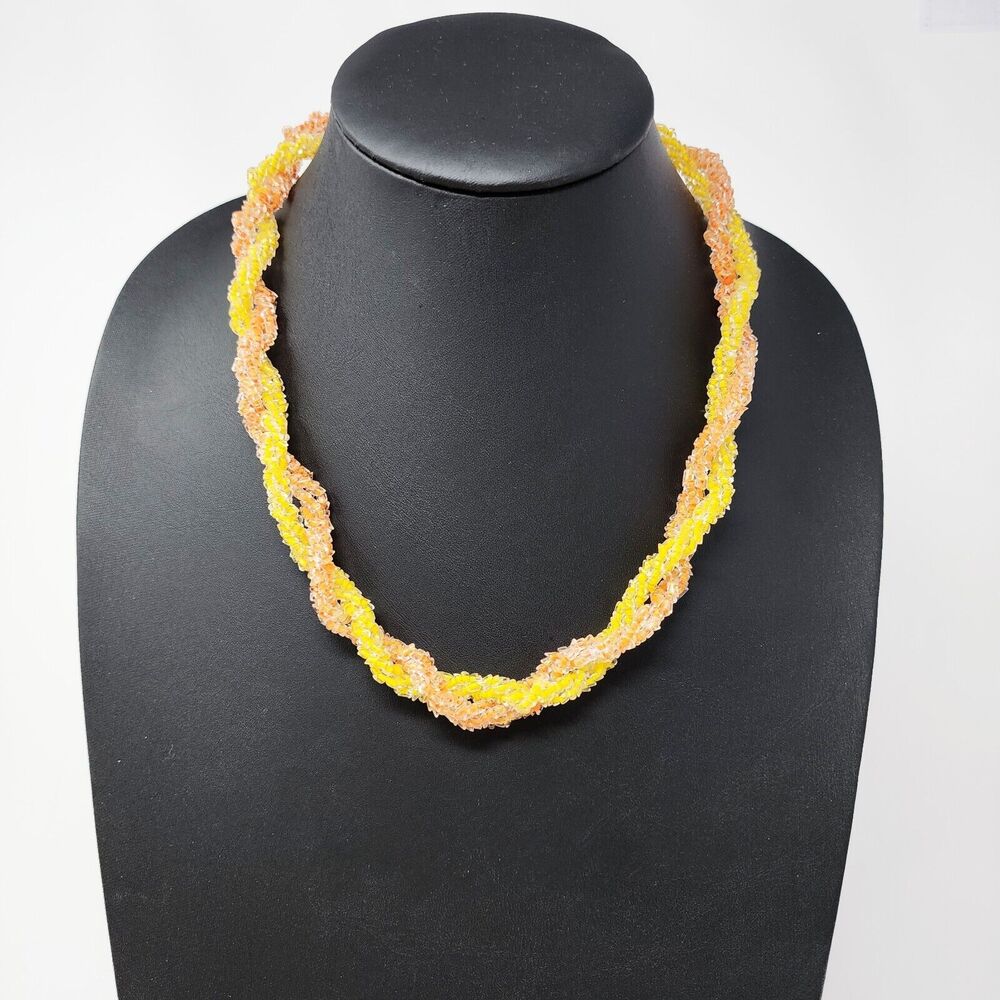 Vintage 60s 70s Orange Yellow Beaded Multi Strand Mod Retro Hook Clasp Japan 22"